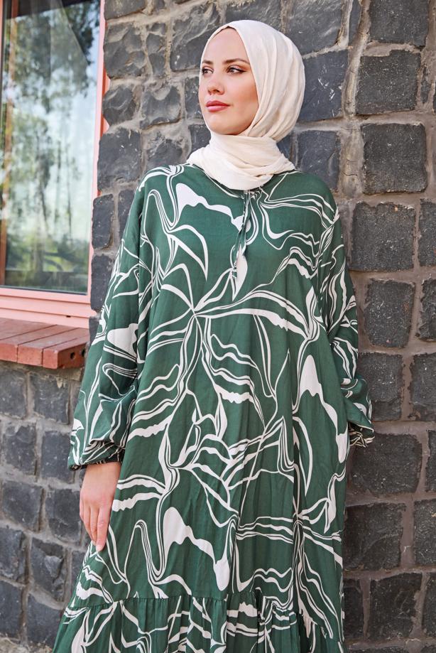 Vêtements hijab VERT ROBE GRANDE TAILLE À MOTIFS T 5871 - TRENDTESETTÜR