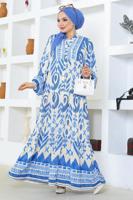 Tesettür giyim MAVİ DESENLİ VİSKON ELBİSE T 5893