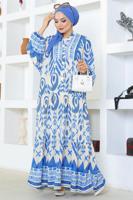 Tesettür giyim MAVİ DESENLİ VİSKON ELBİSE T 5893