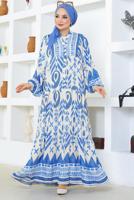 Tesettür giyim MAVİ DESENLİ VİSKON ELBİSE T 5893