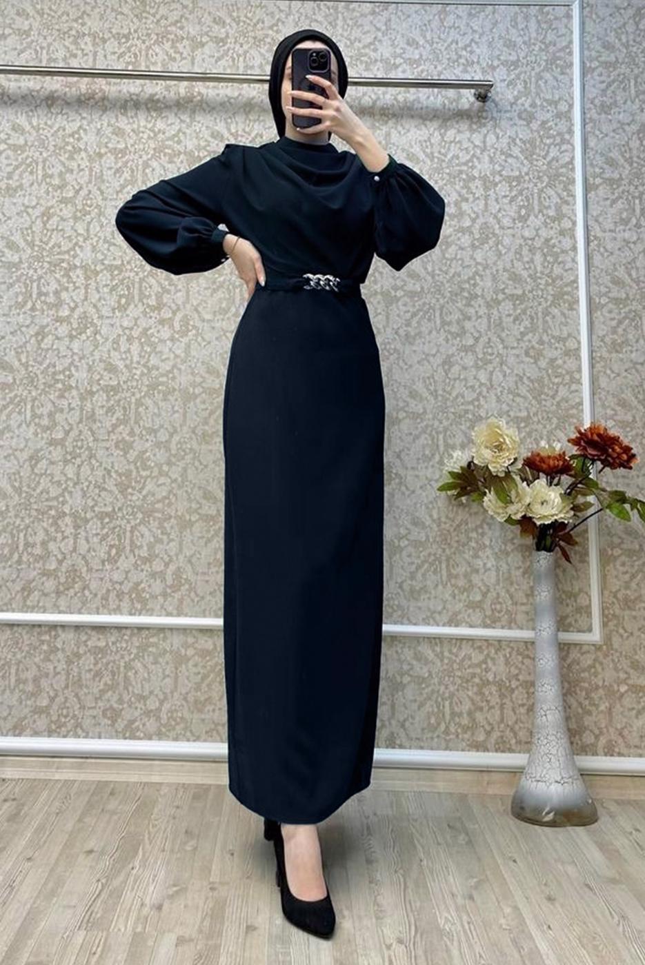 Tesettür giyim LACİVERT KEMERLİ ELBİSE T 5895