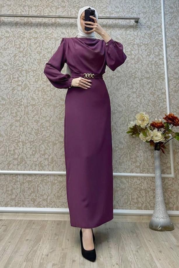 Tesettür giyim MOR KEMERLİ ELBİSE T 5895 - TRENDTESETTÜR