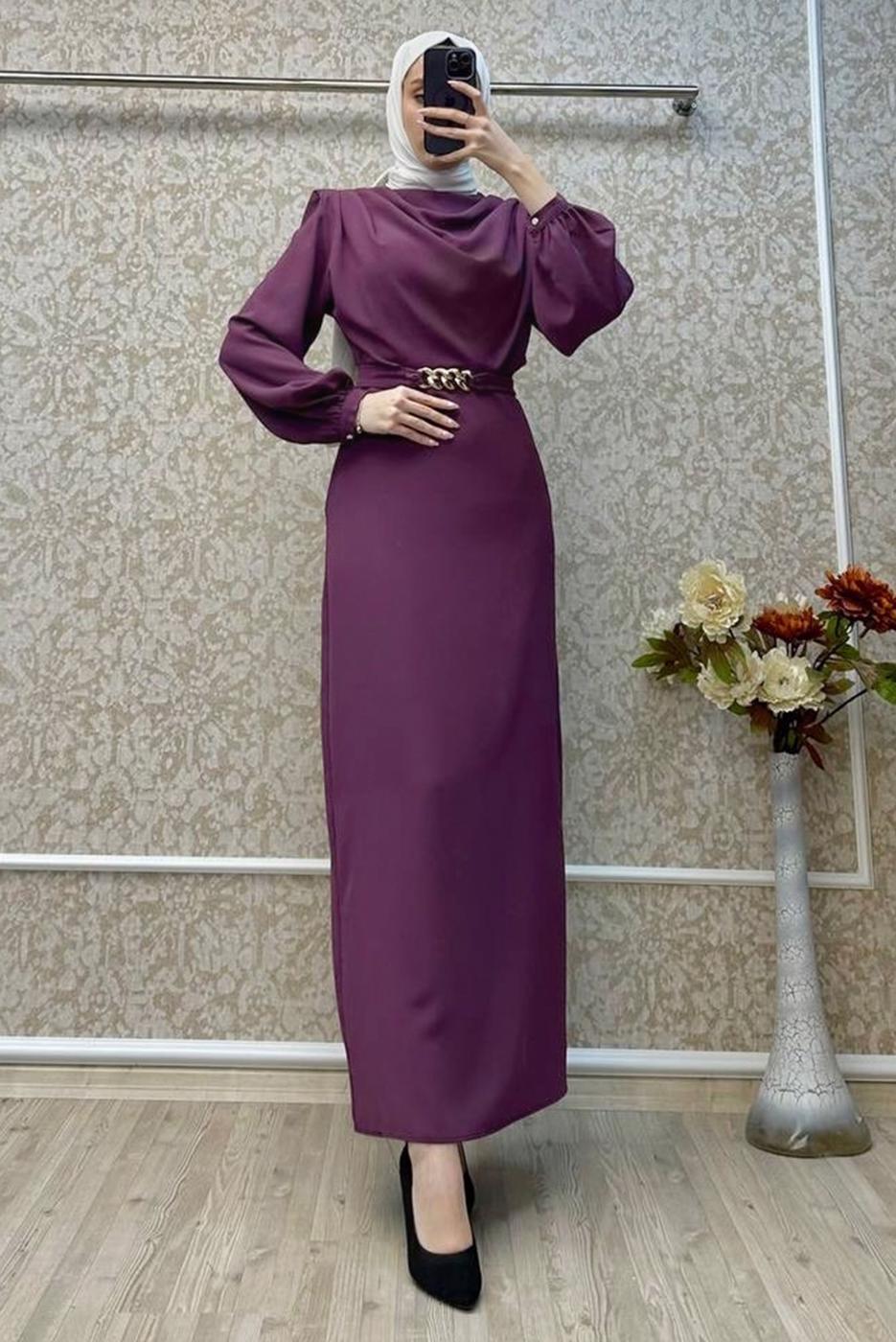 Tesettür giyim MOR KEMERLİ ELBİSE T 5895