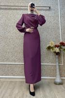 Tesettür giyim MOR KEMERLİ ELBİSE T 5895