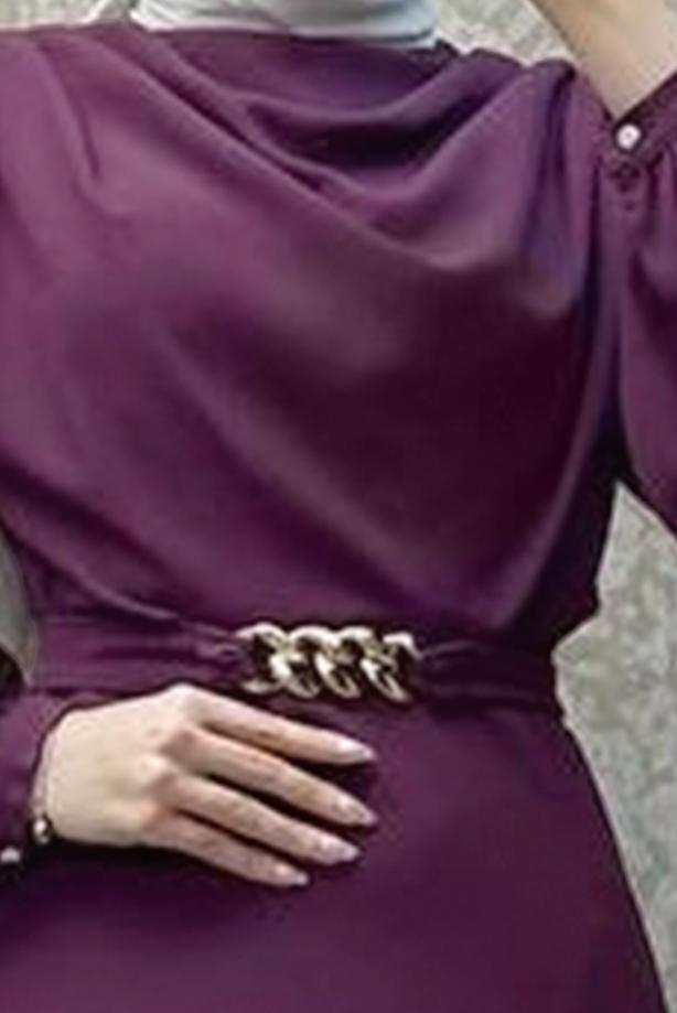 Tesettür giyim MOR KEMERLİ ELBİSE T 5895 - TRENDTESETTÜR