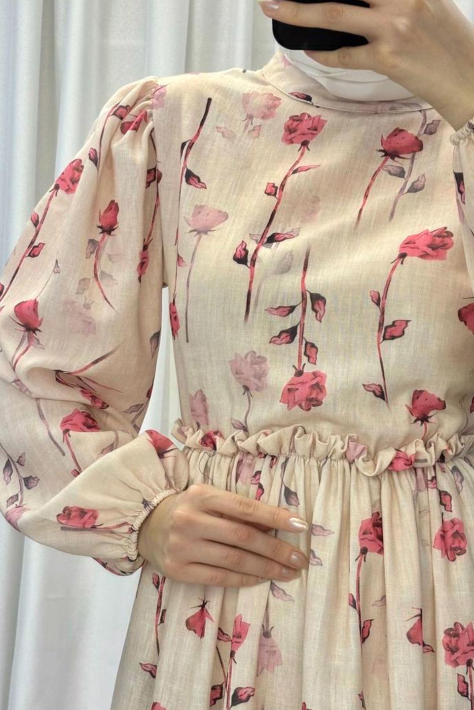 Vêtements hijab BEIGE ROBE À MOTIFS FLEURS T 5906