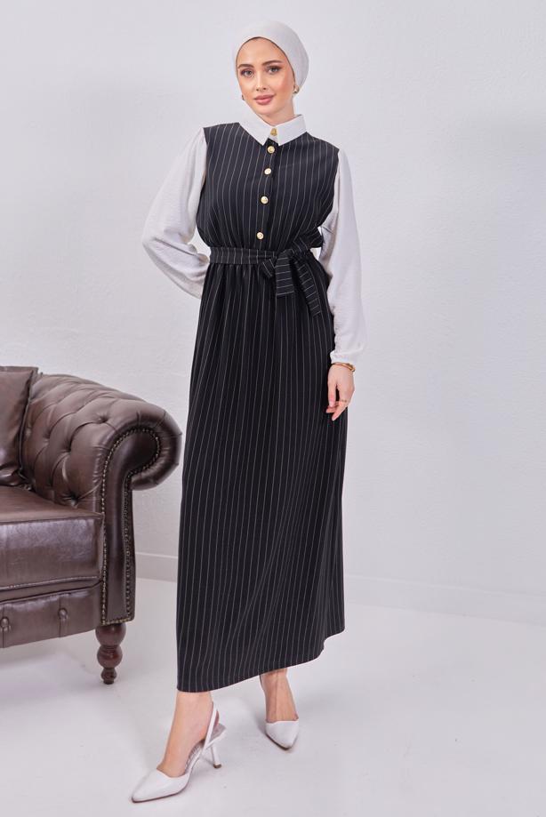 Tesettür giyim SİYAH KUŞAKLI ÇİZGİLİ ELBİSE T 6093 - TRENDTESETTÜR