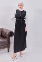 Tesettür giyim SİYAH KUŞAKLI ÇİZGİLİ ELBİSE T 6093