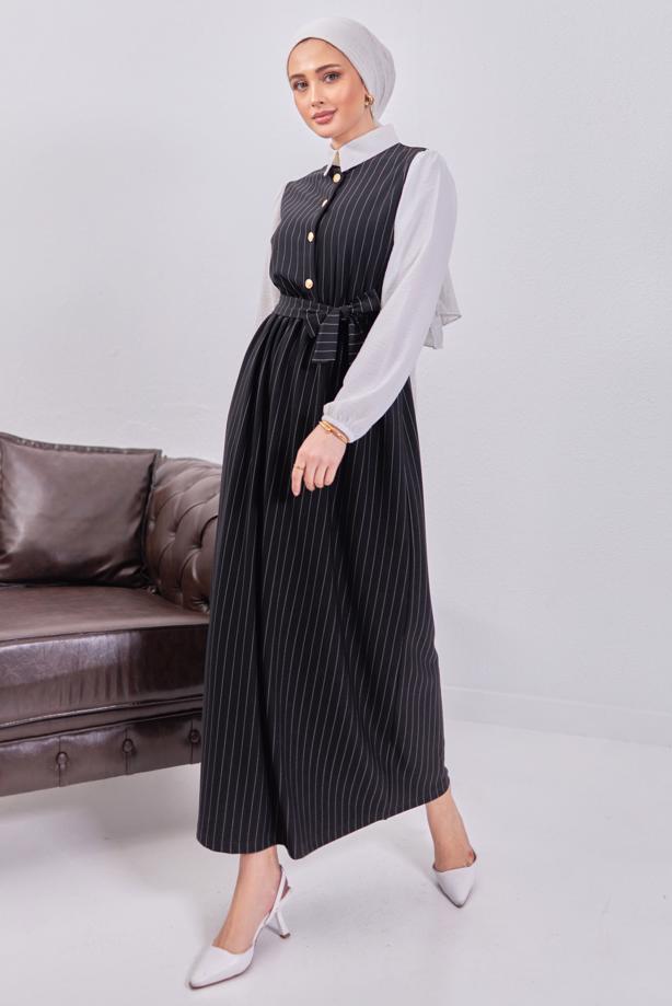 Tesettür giyim SİYAH KUŞAKLI ÇİZGİLİ ELBİSE T 6093 - TRENDTESETTÜR