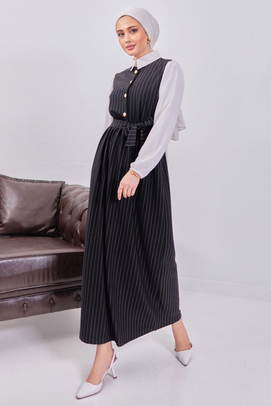 Tesettür giyim SİYAH KUŞAKLI ÇİZGİLİ ELBİSE T 6093