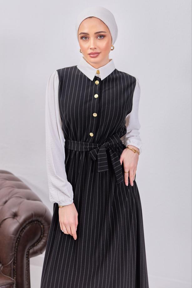 Tesettür giyim SİYAH KUŞAKLI ÇİZGİLİ ELBİSE T 6093 - TRENDTESETTÜR