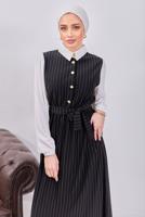 Tesettür giyim SİYAH KUŞAKLI ÇİZGİLİ ELBİSE T 6093