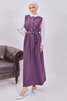 Tesettür giyim MOR KUŞAKLI ÇİZGİLİ ELBİSE T 6093