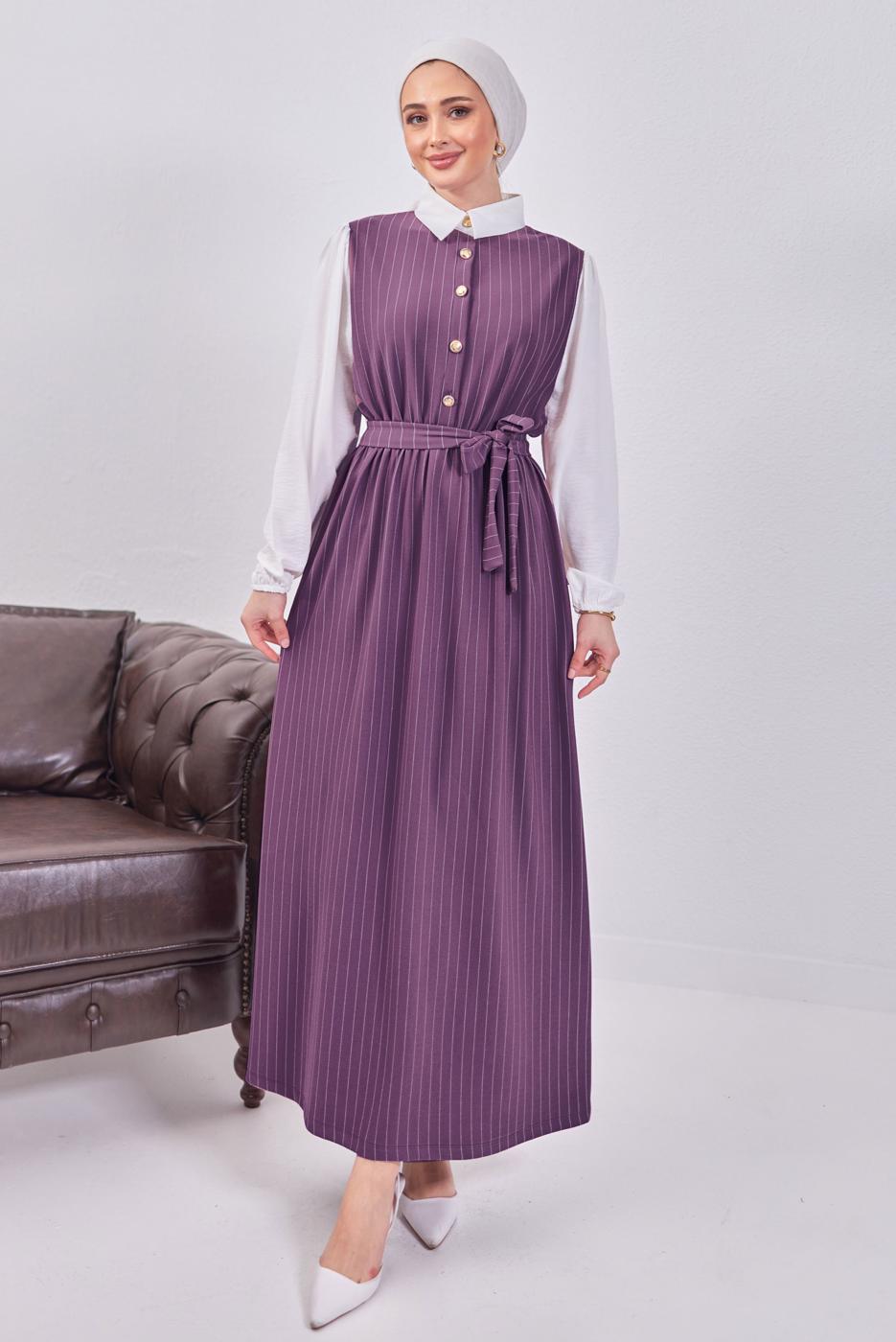 Tesettür giyim MOR KUŞAKLI ÇİZGİLİ ELBİSE T 6093
