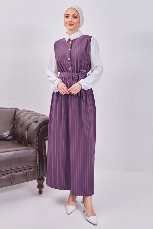 Tesettür giyim MOR KUŞAKLI ÇİZGİLİ ELBİSE T 6093 - TRENDTESETTÜR