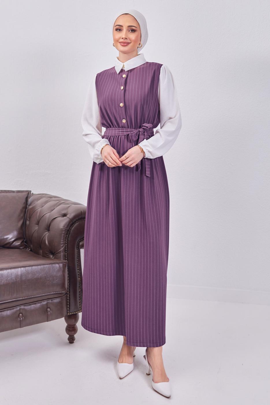 Tesettür giyim MOR KUŞAKLI ÇİZGİLİ ELBİSE T 6093