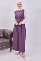 Tesettür giyim MOR KUŞAKLI ÇİZGİLİ ELBİSE T 6093