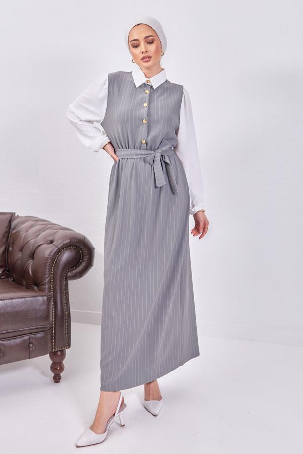 Tesettür giyim GRİ KUŞAKLI ÇİZGİLİ ELBİSE T 6093 - TRENDTESETTÜR