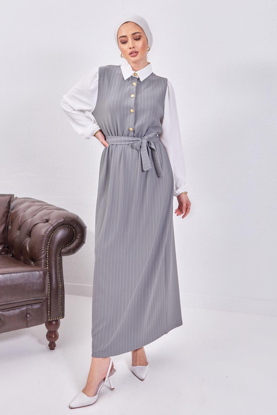 Tesettür giyim GRİ KUŞAKLI ÇİZGİLİ ELBİSE T 6093