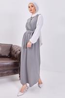 Tesettür giyim GRİ KUŞAKLI ÇİZGİLİ ELBİSE T 6093