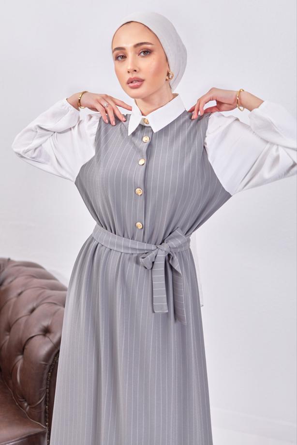 Tesettür giyim GRİ KUŞAKLI ÇİZGİLİ ELBİSE T 6093 - TRENDTESETTÜR