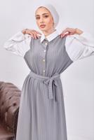 Tesettür giyim GRİ KUŞAKLI ÇİZGİLİ ELBİSE T 6093