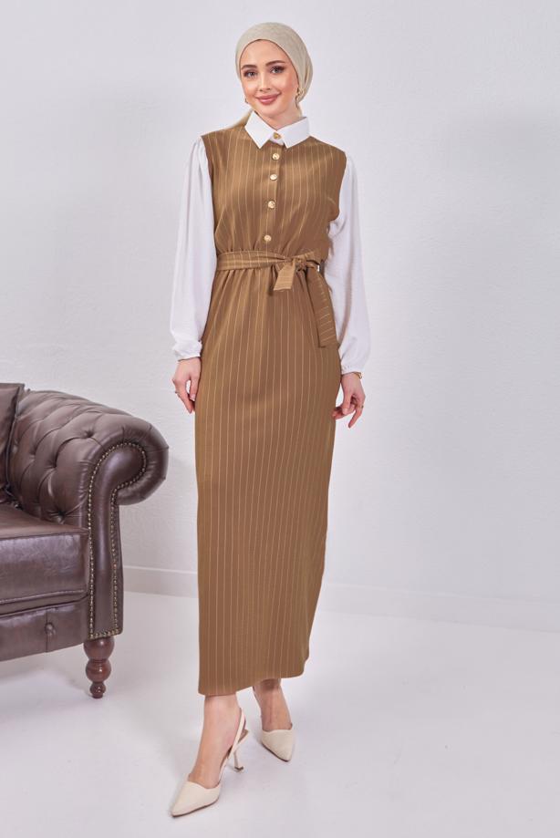 Tesettür giyim KAHVE KUŞAKLI ÇİZGİLİ ELBİSE T 6093 - TRENDTESETTÜR