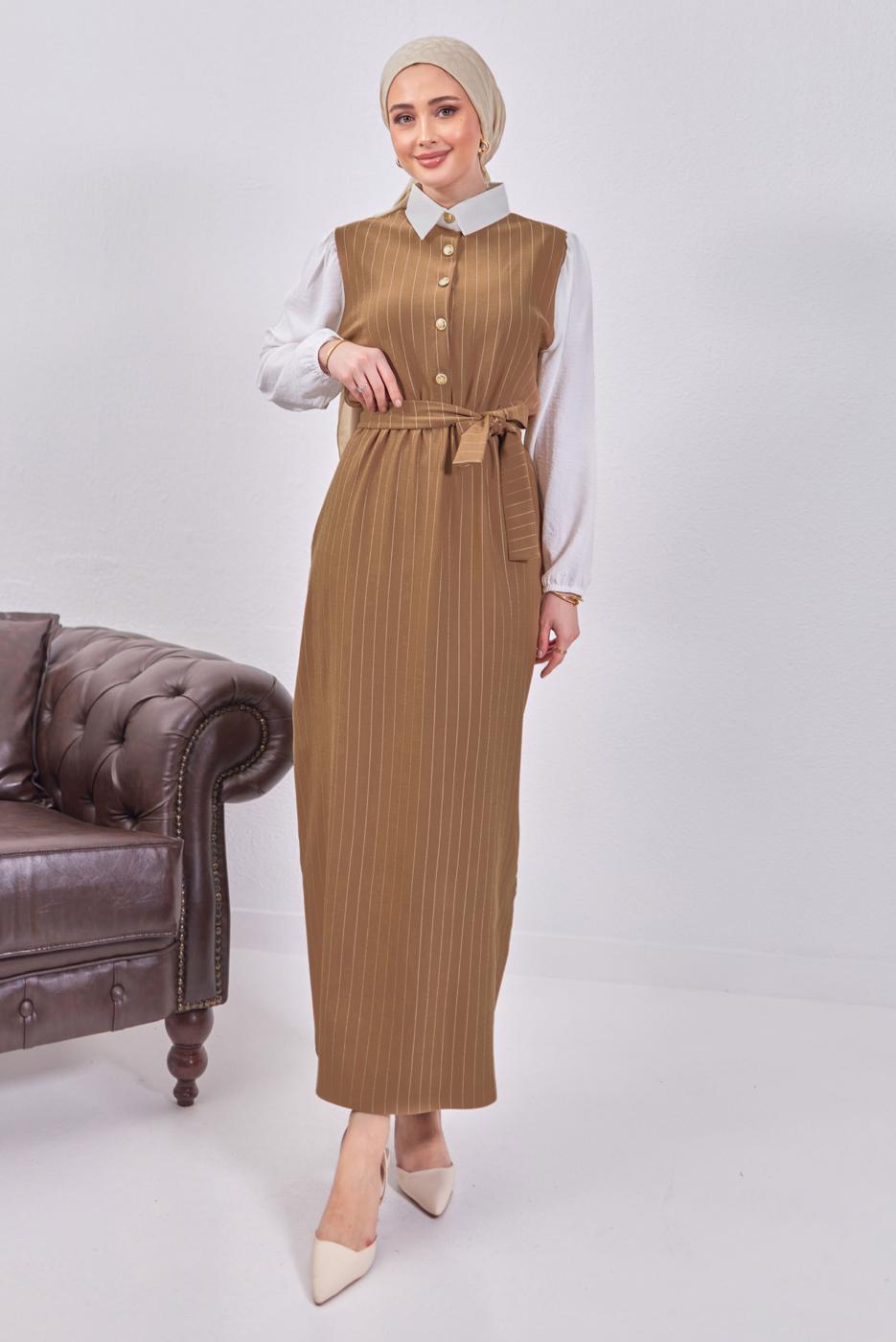 Tesettür giyim KAHVE KUŞAKLI ÇİZGİLİ ELBİSE T 6093