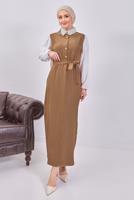 Tesettür giyim KAHVE KUŞAKLI ÇİZGİLİ ELBİSE T 6093