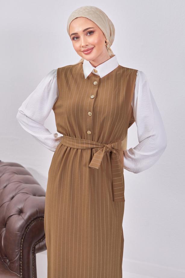 Tesettür giyim KAHVE KUŞAKLI ÇİZGİLİ ELBİSE T 6093 - TRENDTESETTÜR