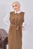 Tesettür giyim KAHVE KUŞAKLI ÇİZGİLİ ELBİSE T 6093