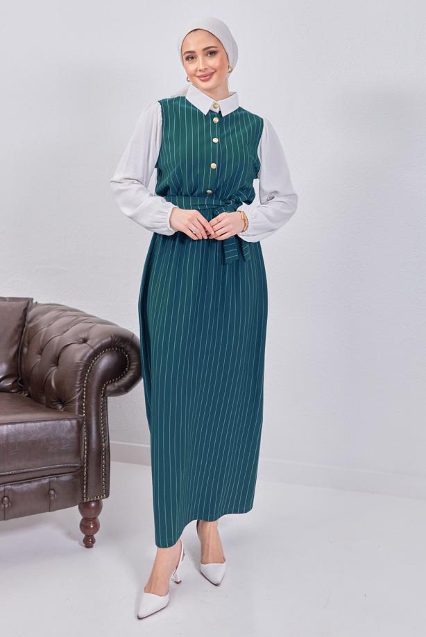 Tesettür giyim MAVİ KUŞAKLI ÇİZGİLİ ELBİSE T 6093 - TRENDTESETTÜR