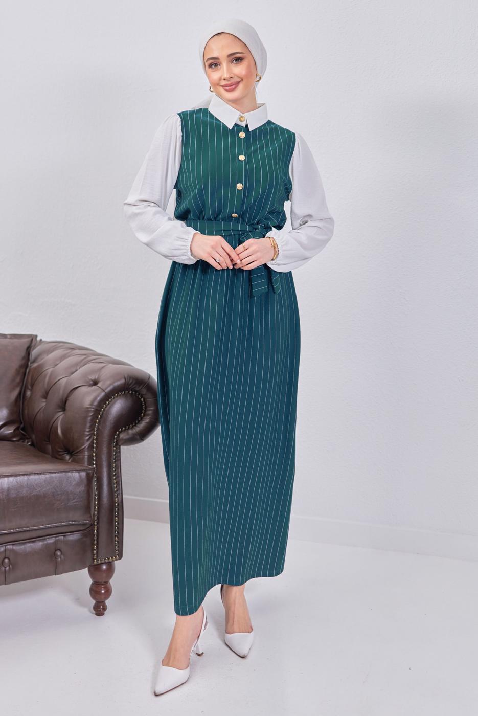 Tesettür giyim MAVİ KUŞAKLI ÇİZGİLİ ELBİSE T 6093