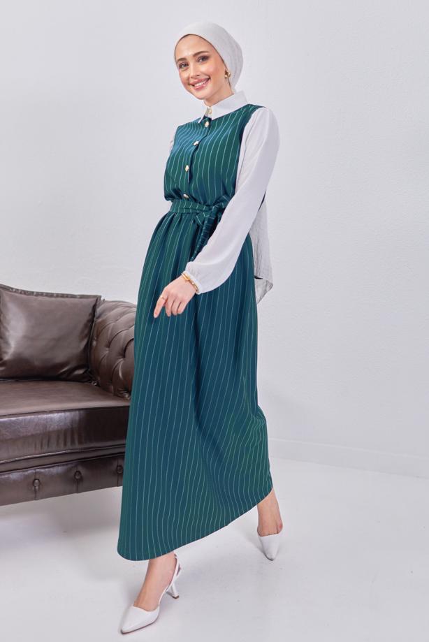 Tesettür giyim MAVİ KUŞAKLI ÇİZGİLİ ELBİSE T 6093 - TRENDTESETTÜR