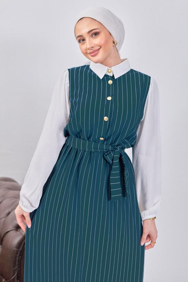 Tesettür giyim MAVİ KUŞAKLI ÇİZGİLİ ELBİSE T 6093 - TRENDTESETTÜR