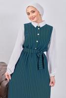 Tesettür giyim MAVİ KUŞAKLI ÇİZGİLİ ELBİSE T 6093