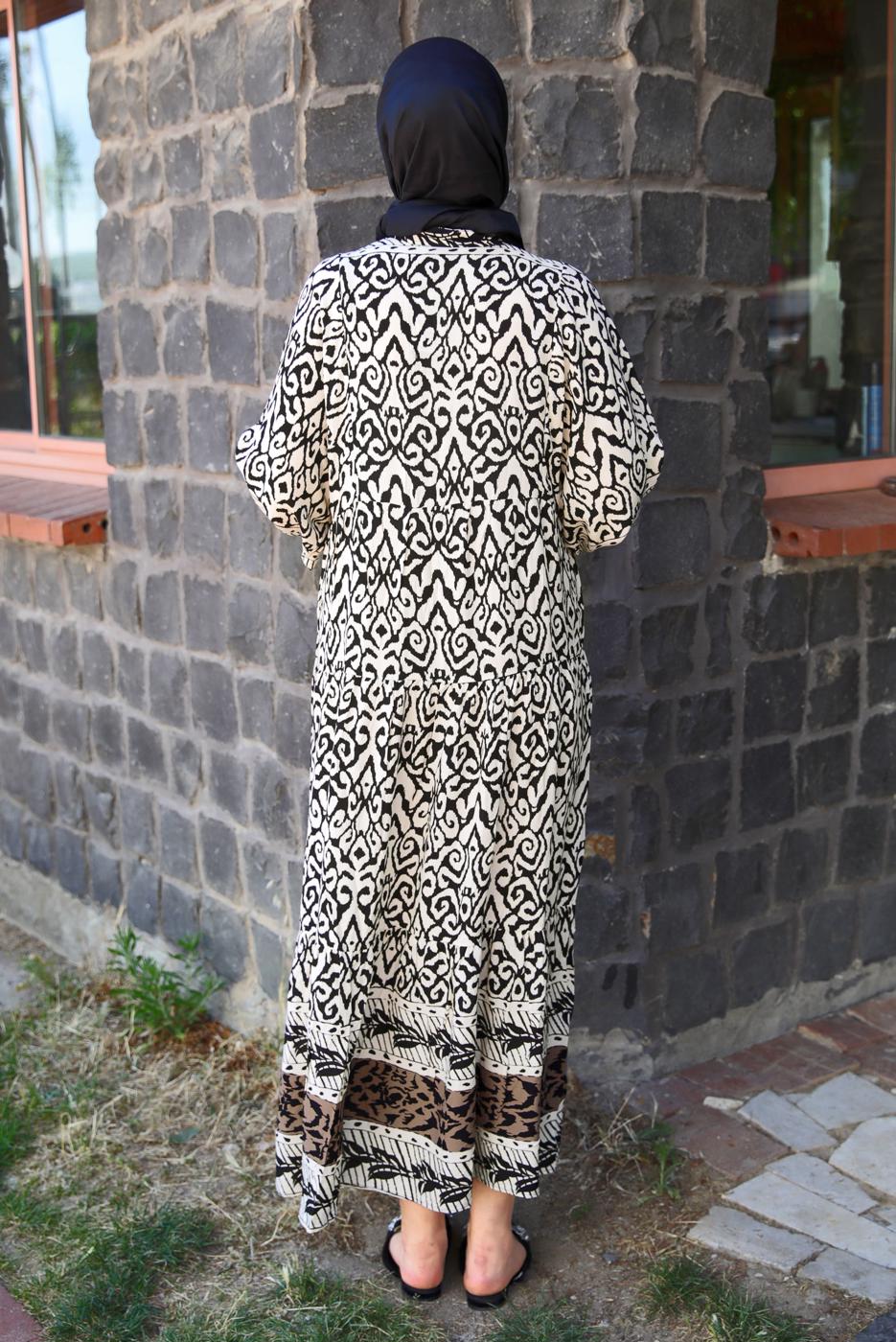 Tesettür giyim SİYAH DESENLİ VİSKON ELBİSE T 6645