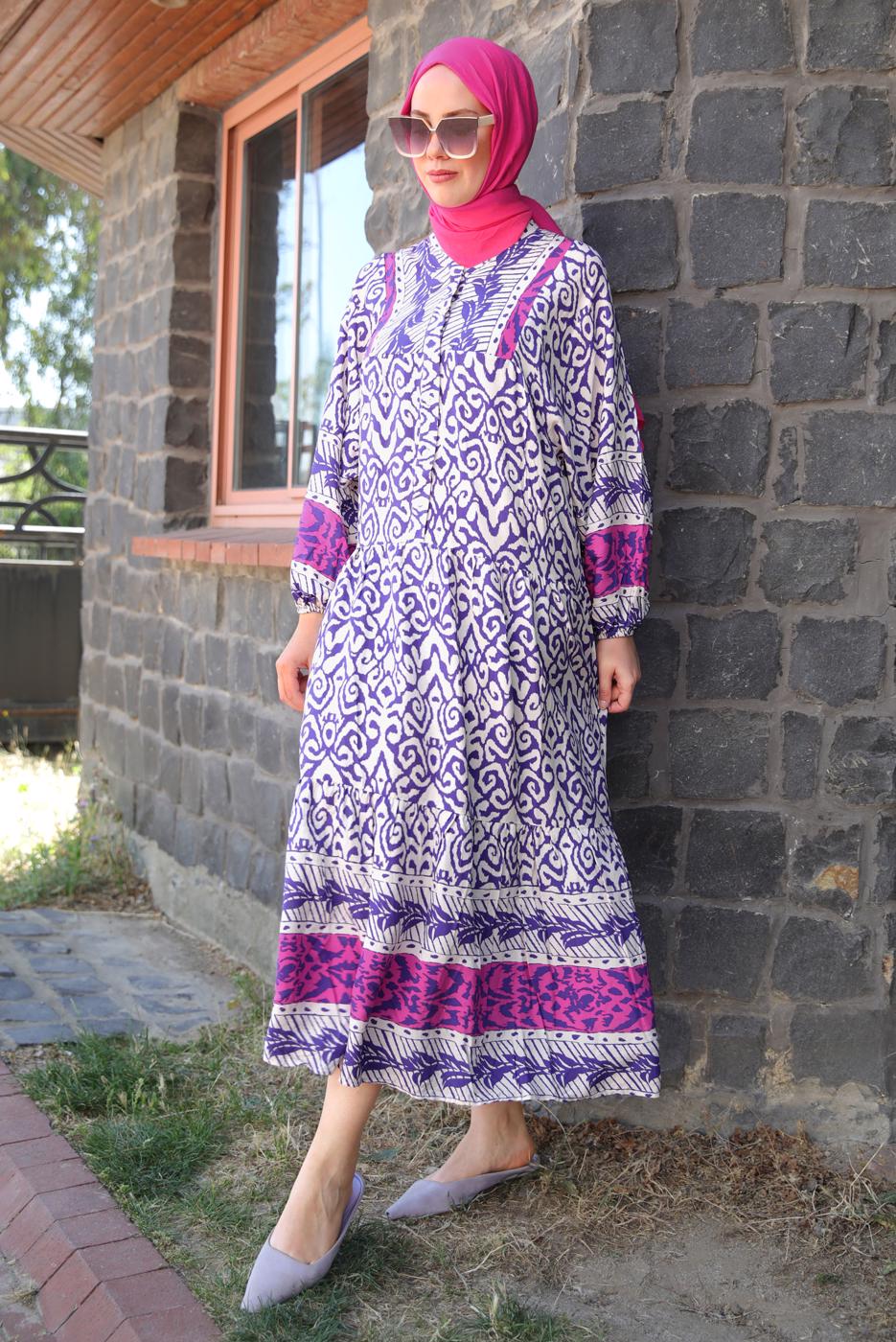 Tesettür giyim MOR DESENLİ VİSKON ELBİSE T 6645