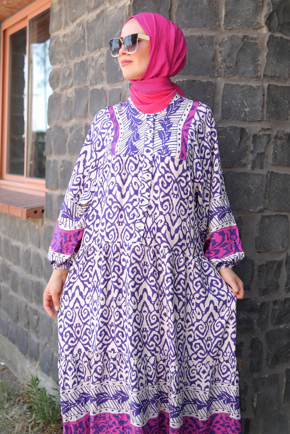 Tesettür giyim MOR DESENLİ VİSKON ELBİSE T 6645
