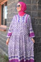 Tesettür giyim MOR DESENLİ VİSKON ELBİSE T 6645