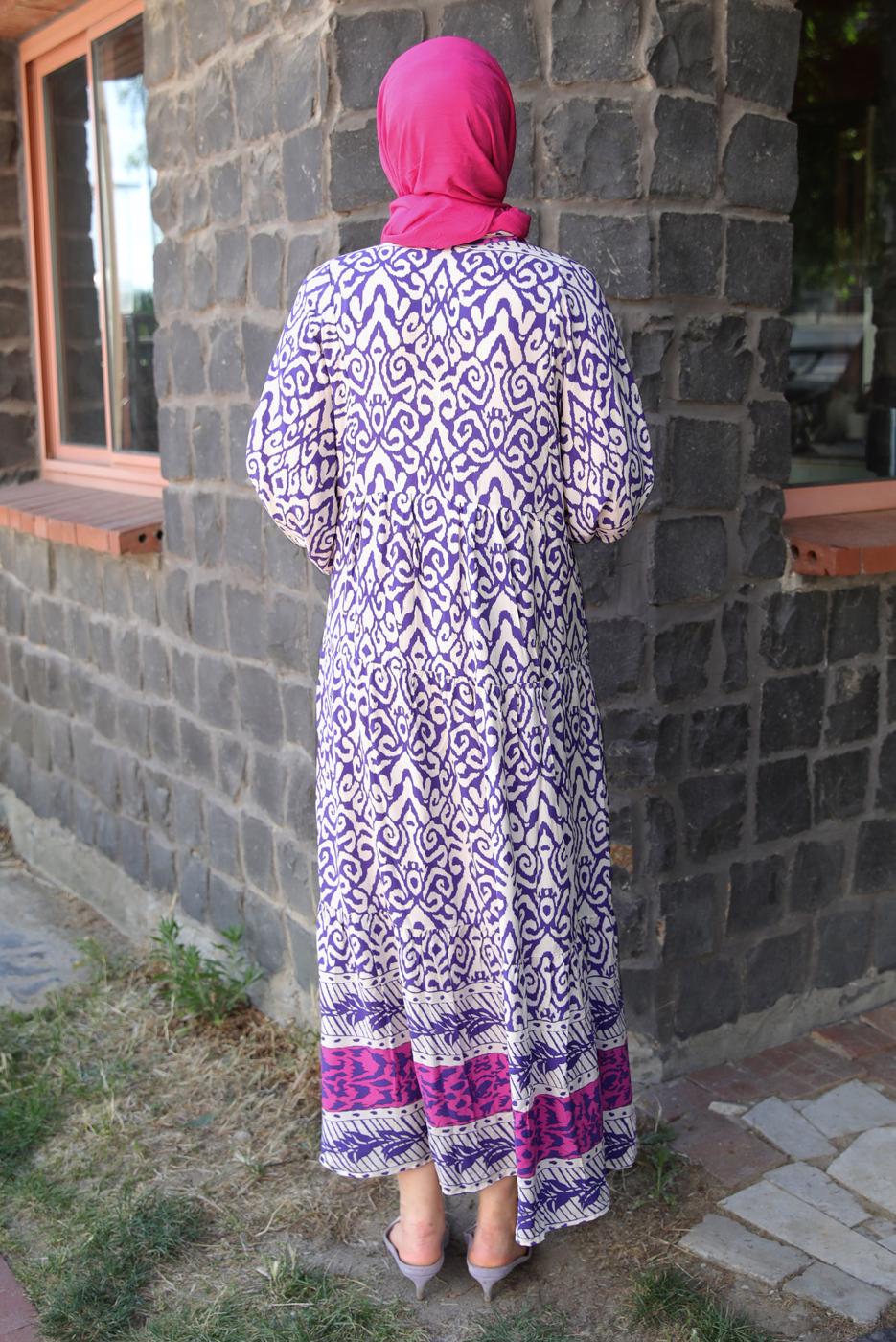 Tesettür giyim MOR DESENLİ VİSKON ELBİSE T 6645