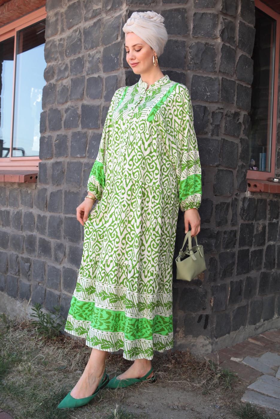Tesettür giyim YEŞİL DESENLİ VİSKON ELBİSE T 6645