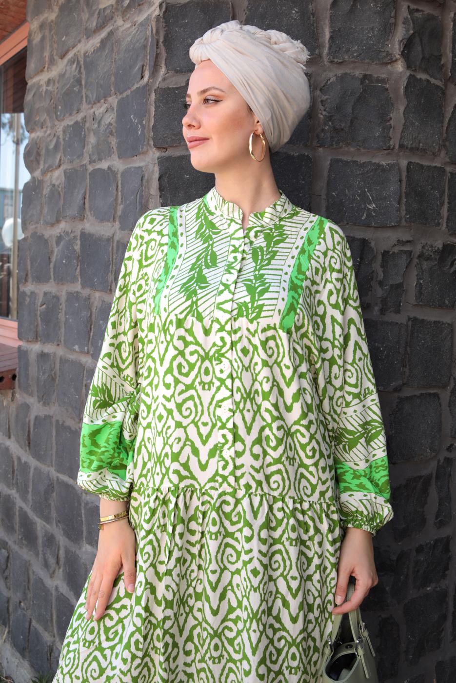 Tesettür giyim YEŞİL DESENLİ VİSKON ELBİSE T 6645