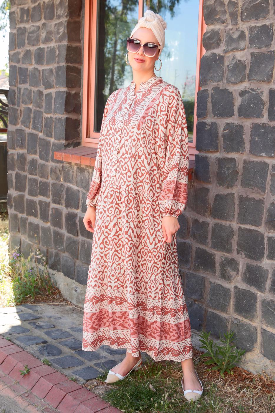 Tesettür giyim KAHVE DESENLİ VİSKON ELBİSE T 6645