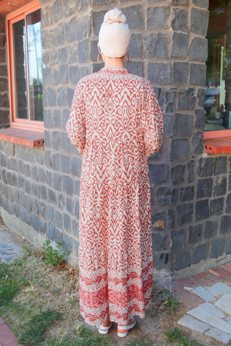 Tesettür giyim KAHVE DESENLİ VİSKON ELBİSE T 6645