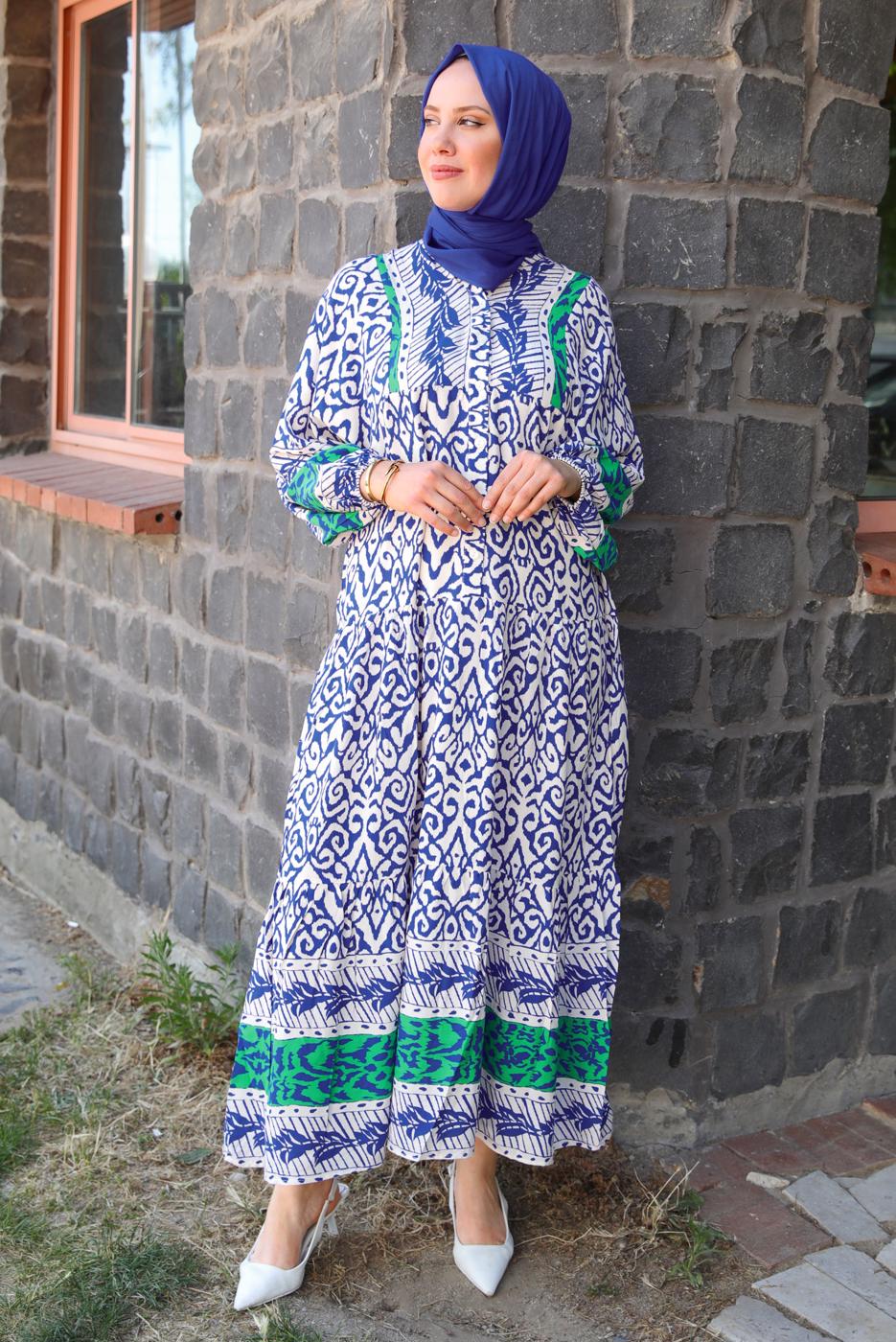 Tesettür giyim LACİVERT DESENLİ VİSKON ELBİSE T 6645