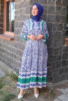 Tesettür giyim LACİVERT DESENLİ VİSKON ELBİSE T 6645