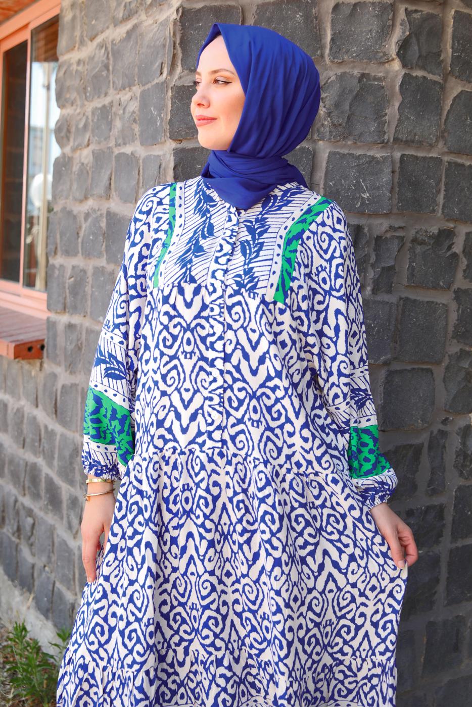 Tesettür giyim LACİVERT DESENLİ VİSKON ELBİSE T 6645