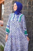 Tesettür giyim LACİVERT DESENLİ VİSKON ELBİSE T 6645