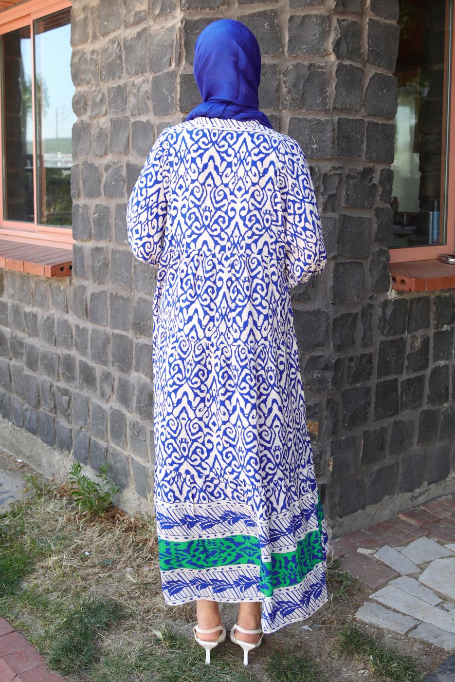 Tesettür giyim LACİVERT DESENLİ VİSKON ELBİSE T 6645